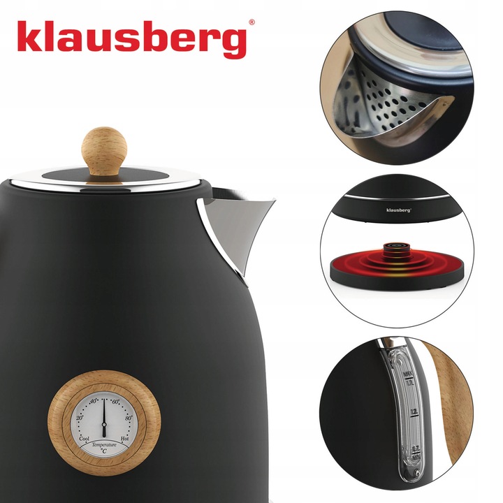 Czajnik elektryczny Klausberg KB-7907 1.7L z termometrem Czarny Retro 2200W