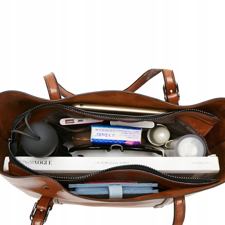 POJEMNA DAMSKA TORBA TOREBKA EKO-SKÓRZANA NA RAMIĘ BRĄZOWA POJEMNA+PASEK