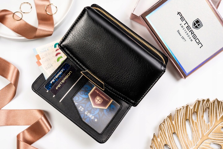 PETERSON portfel damski poziomy RFID STOP portmonetka na zatrzask czarny