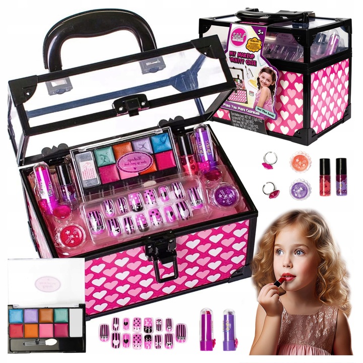 KUFEREK KOSMETYCZKA DLA DZIEWCZYNKI CIENIE LAKIERY TIPSY SZMINKA +BIŻUTERIA
