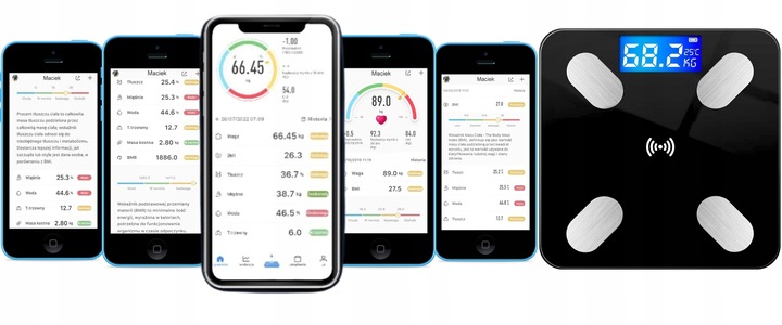 WAGA ŁAZIENKOWA ANALITYCZNA SMART APLIKACJA BLUETOTH SZKŁO + BATERIE GRATIS