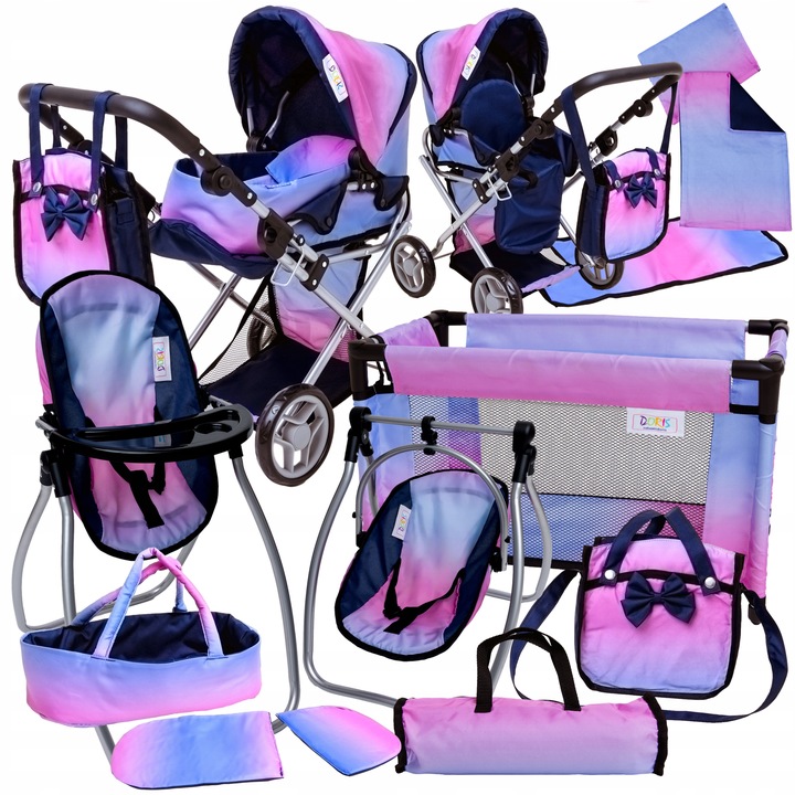 Wózek dla lalek 3w1 ŁÓŻECZKO KRZESEŁKO POŚCIEL TORBA PRZEWIJAK ZESTAW XXL