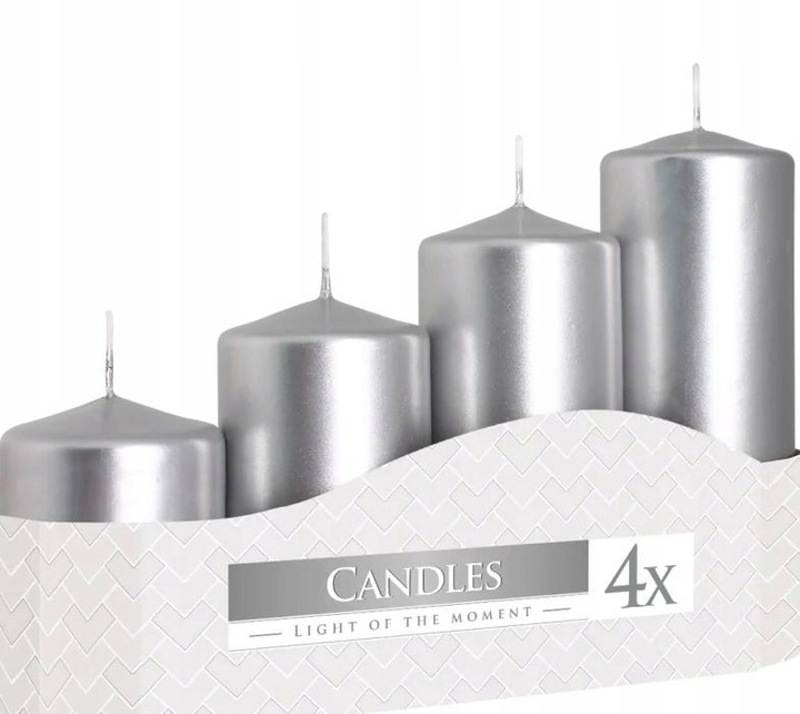 Komplet świec 7,9,11,13cm adwentowe świeczki stroik srebrne metaliczne