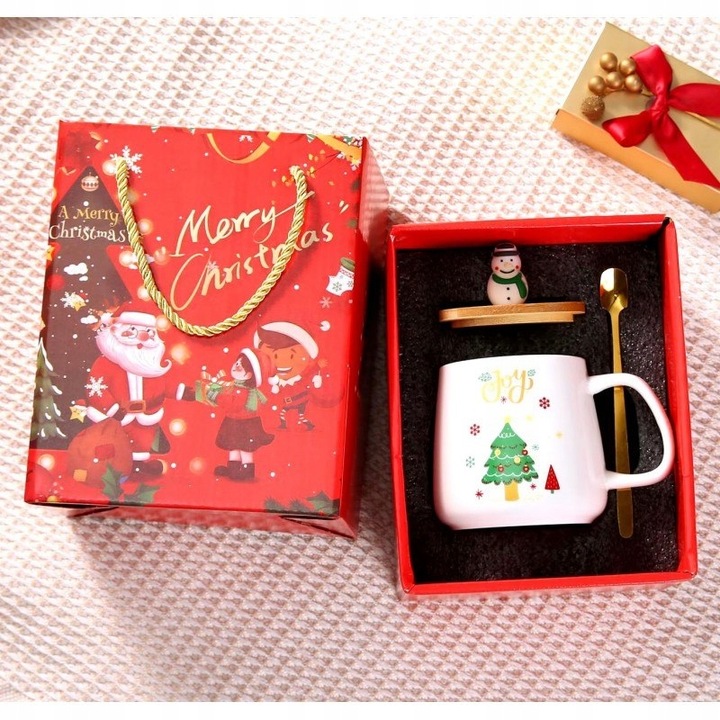 KUBEK ŚWIĄTECZNY - zestaw w pudełku z pokrywką i łyżeczką 225 ml, biały