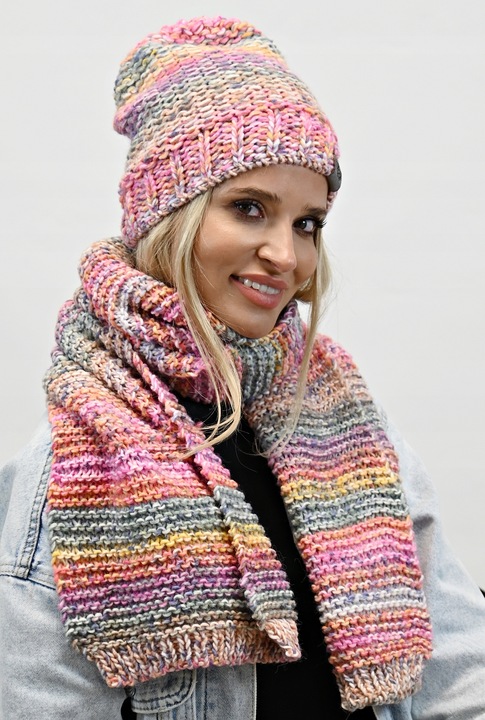 Zimowy Komplet Kolorowy Gruby Czapka Szal Wz1