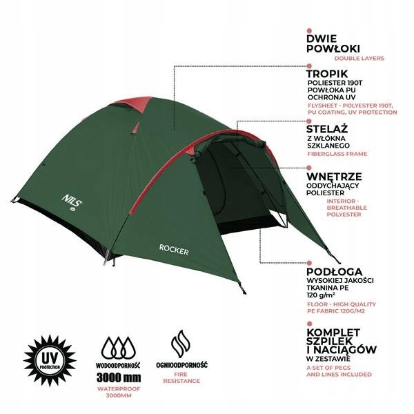 Namiot Kempingowy Turystyczny 3 Osobowy Filtr UV + Przedsionek Nils Camp
