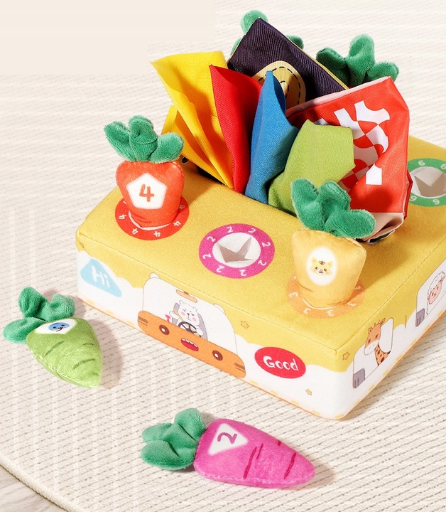SORTER PUDEŁKO Z CHUSTECZKAMI MARCHEWKI PLUSZOWE MONTESSORI SENSORYCZNE