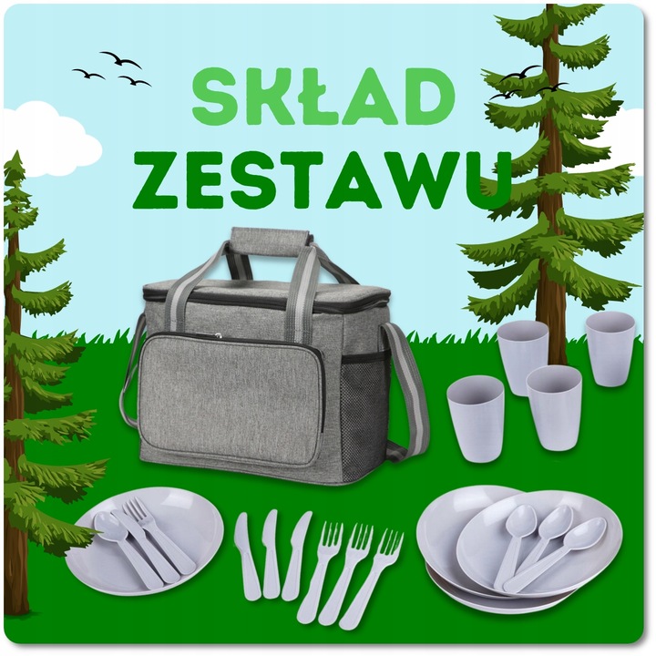 KOSZ PIKNIKOWY Z WYPOSAŻENIEM TERMICZNY TURYSTYCZNY DLA 4 OSÓB 21W1+ GRATIS