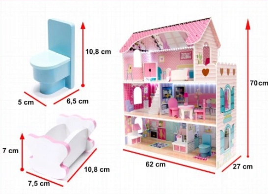 DUŻY DREWNIANY DOMEK DLA LALEK XXL ŚWIATŁA LED zestaw MEBLE OŚWIETLENIE MDF
