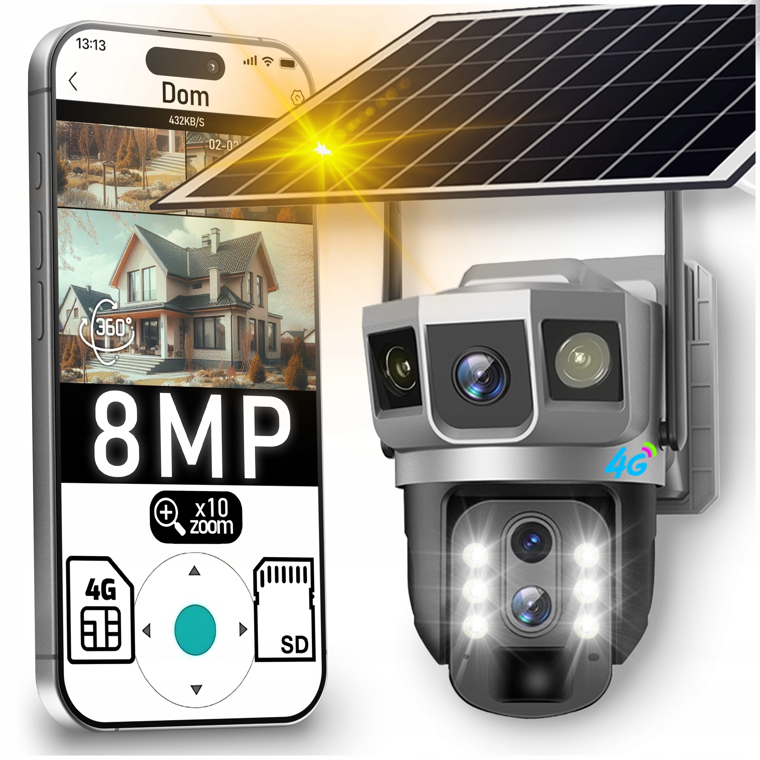 KAMERA SOLARNA ZEWNĘTRZNA 4G NA SIM LTE 8 MPX 10x ZOOM 2 KAMERY OBIEKTYWY