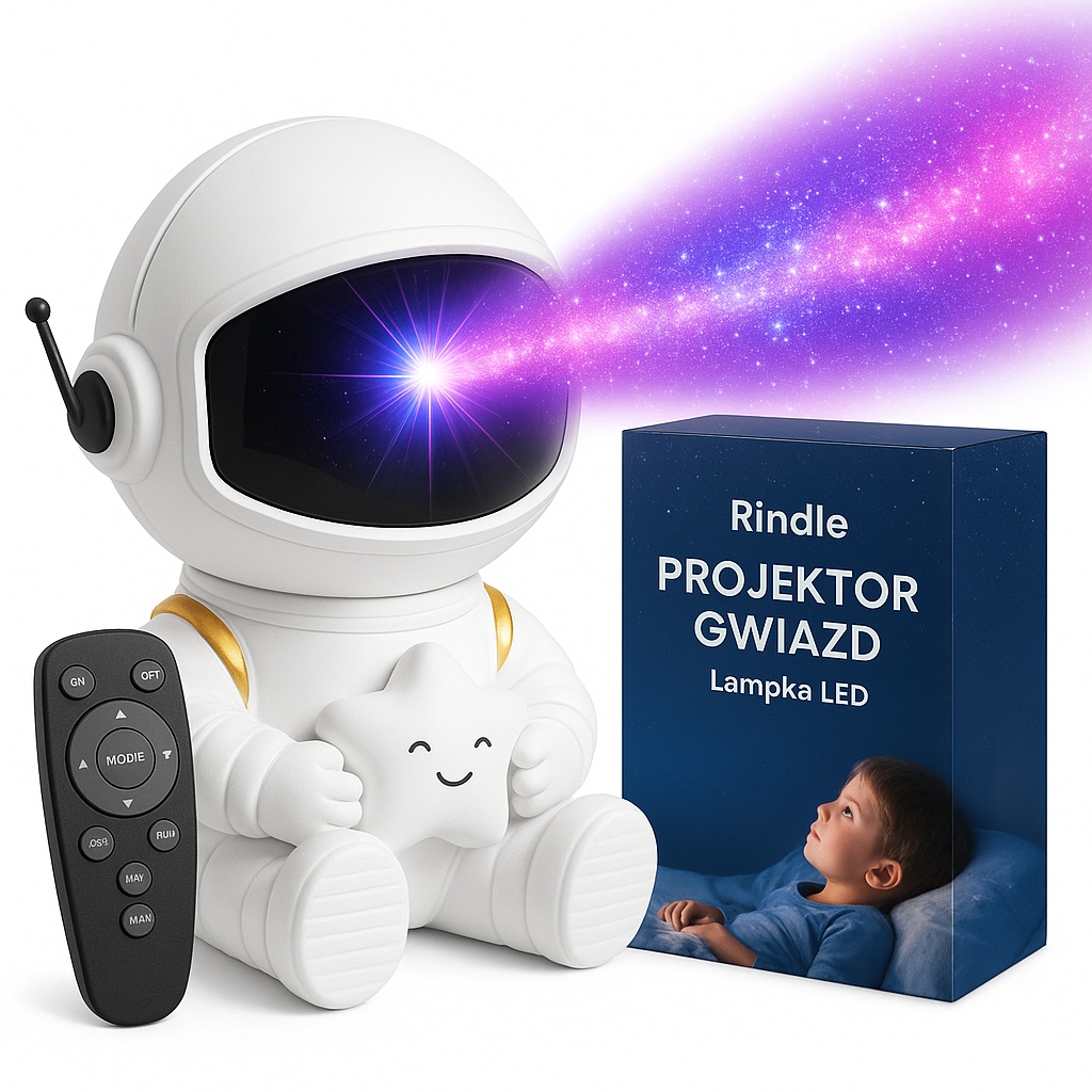 RINDLE LAMPKA LED DLA DZIECI ROBOT ASTRONAUTA PROJEKTOR GWIAZD KOSMOS+PILOT