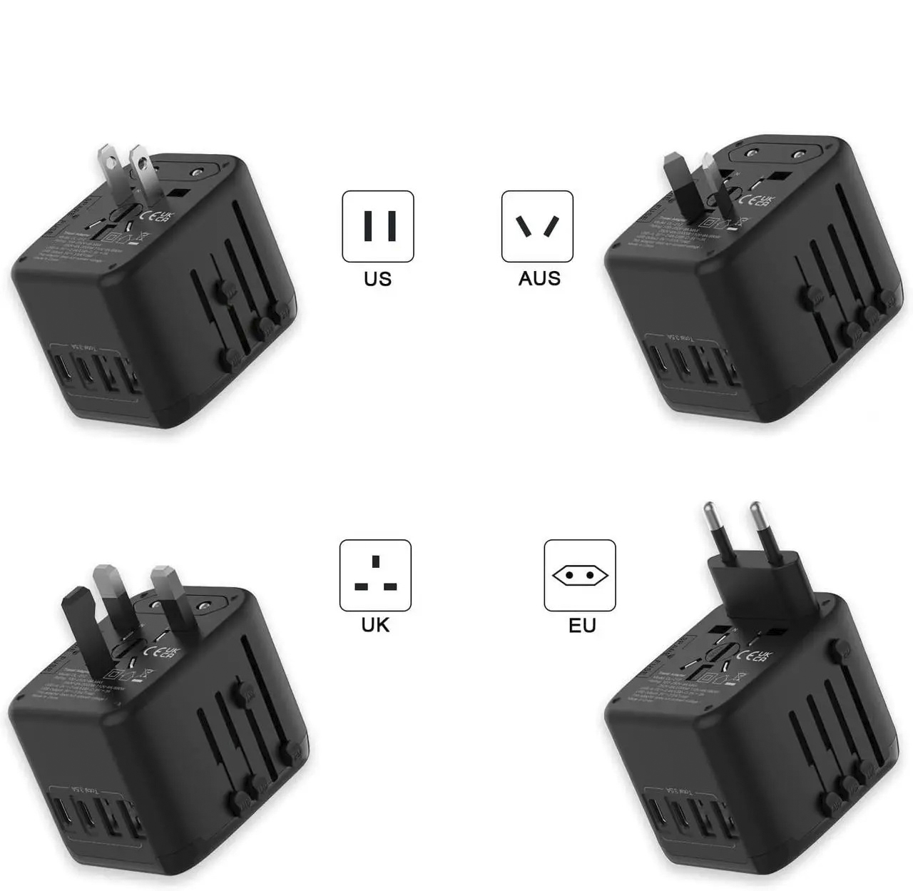 Uniwersalny adapter podróżny USB-A x2/USB-C x2 do ładowania czarny