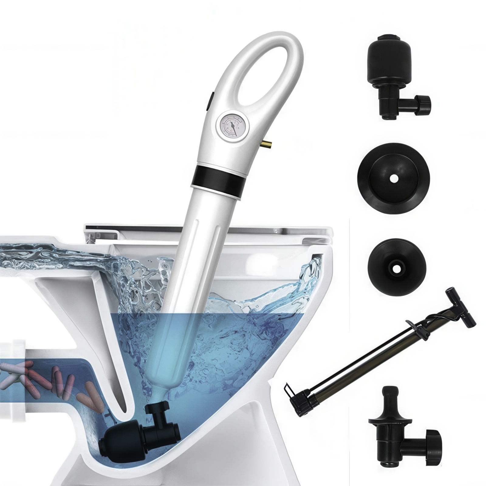 Pneumatyczny tłok do usuwania zatorów w rurach z 4 końcówkami