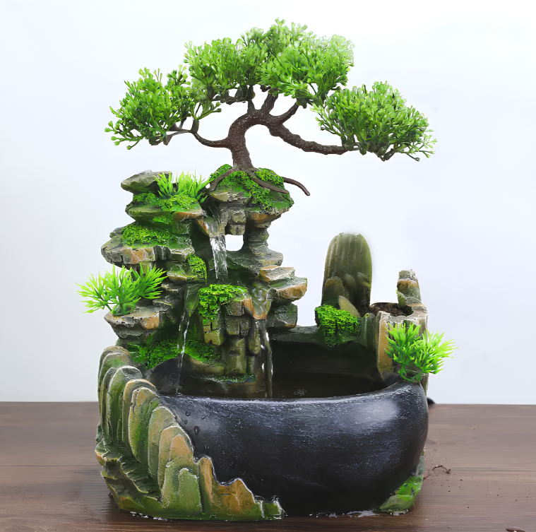 Stołowy wodospad Bonsai Feng Shui RESTEQ z oświetleniem i mgłą