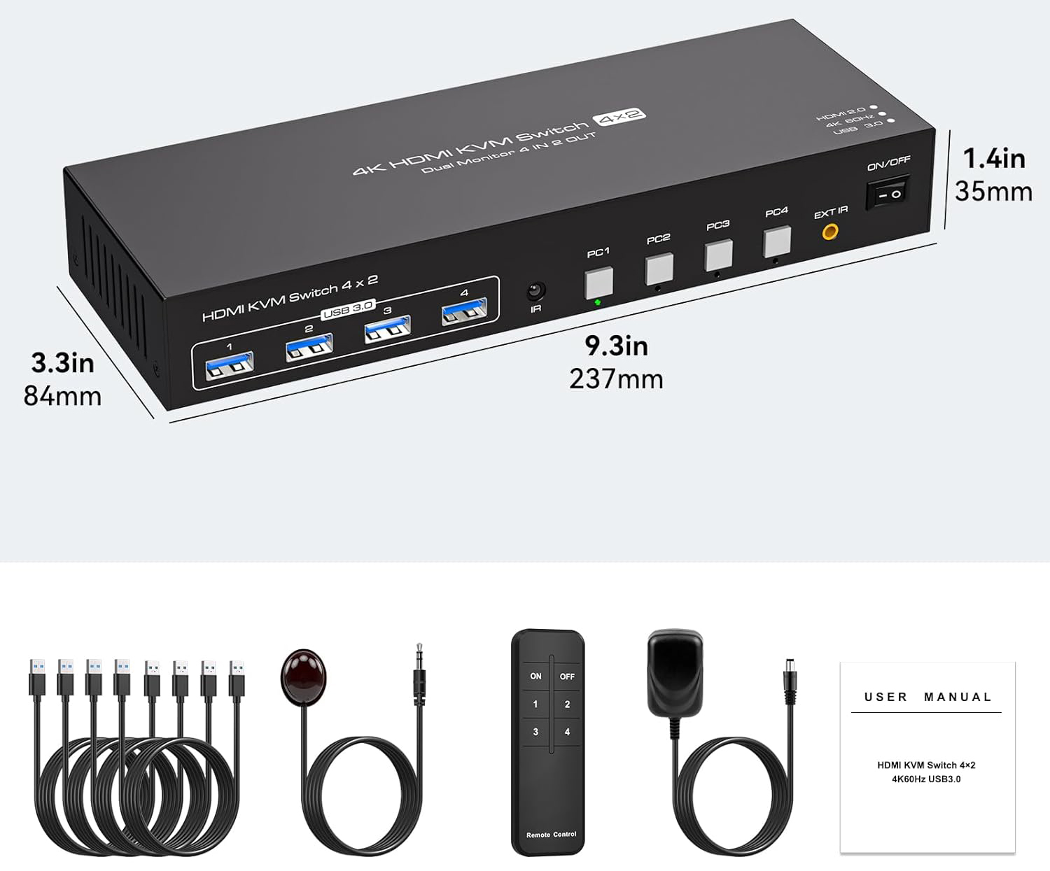 NIEKOMPLETNY Przełącznik KVM VPFET 4K 4 komputery 2 monitory HDMI 4xUSB 3.0