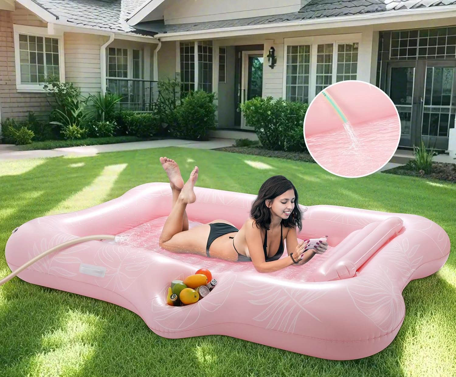 Materac do pływania MoKo dmuchany dla dorosłych z podgłówkiem różowy