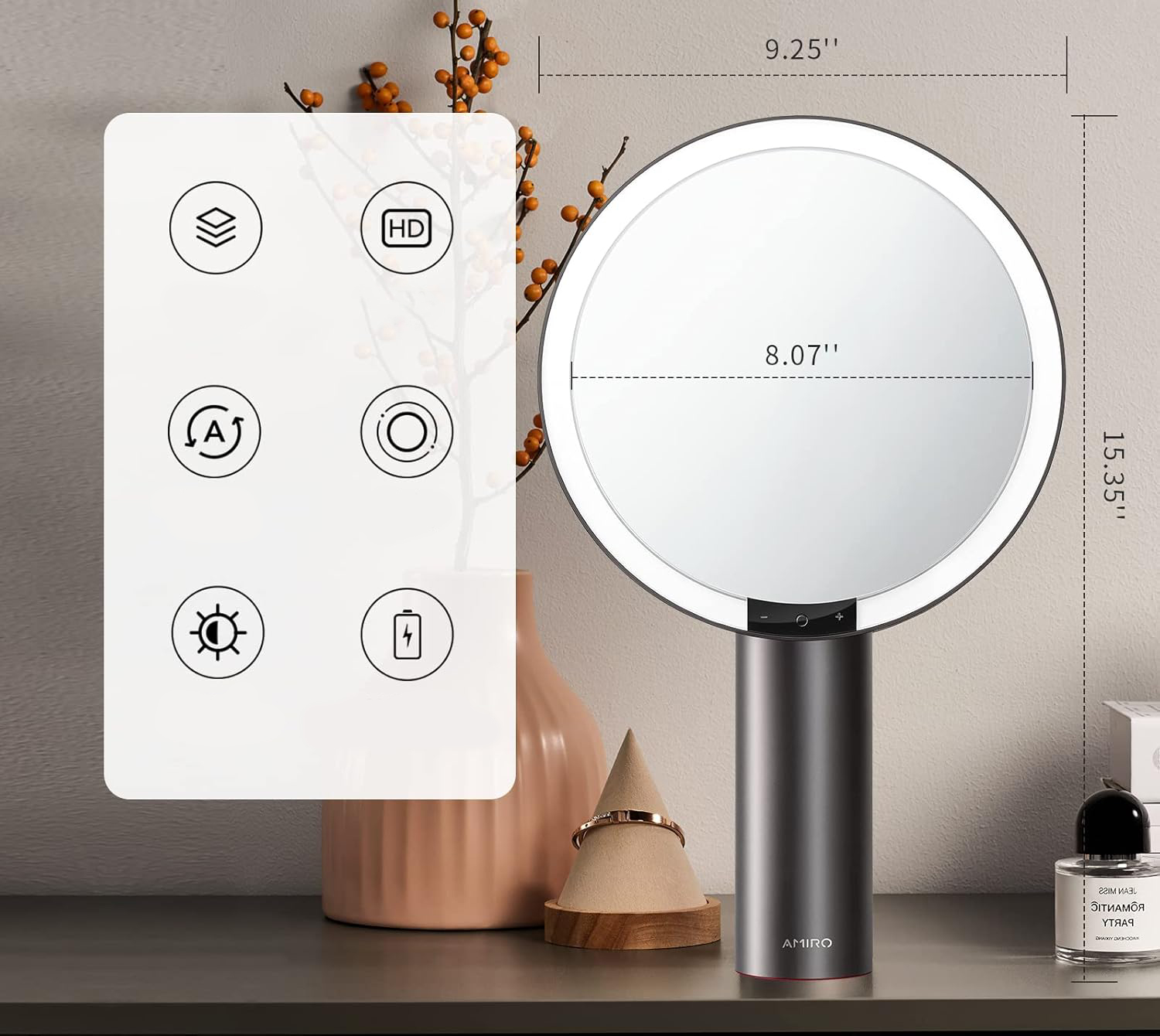 Lustro do makijażu LED 9 cali z czujnikiem dotykowym 3 kolory bezprzewodowe