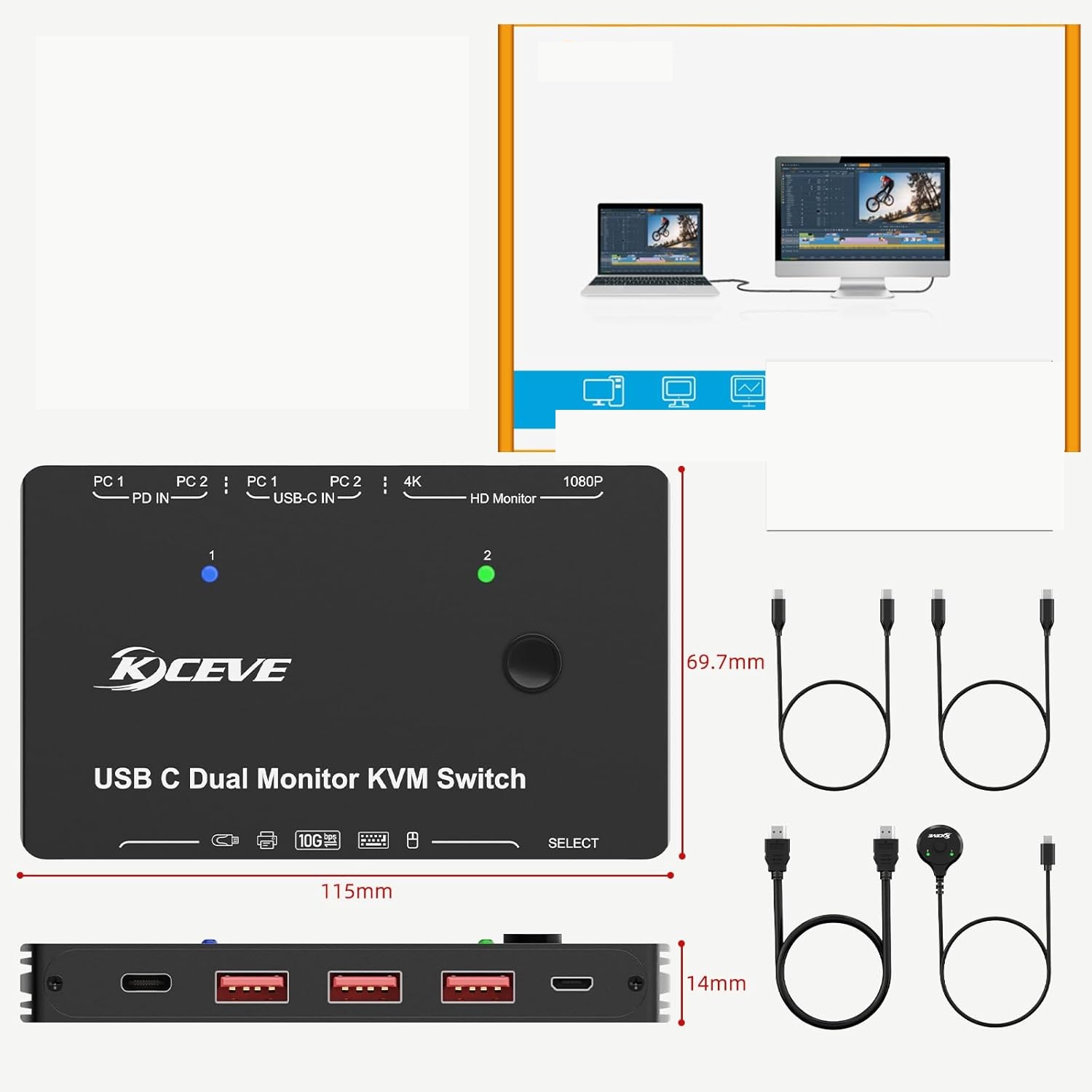 Przełącznik KVM YOUTINGHDAV USB-C 2 PC 2 monitory Dual HDMI 4K@60Hz 65W PD