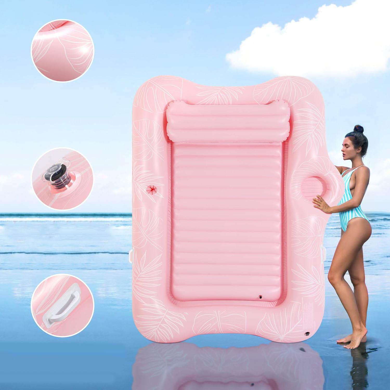 Materac do pływania MoKo dmuchany dla dorosłych z podgłówkiem różowy