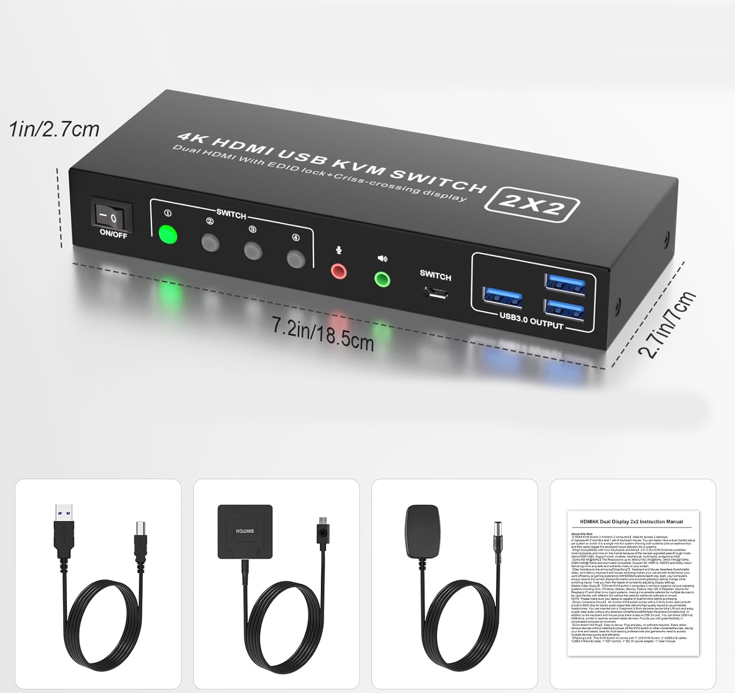 Przełącznik KVM 2 komputery 2 monitory Rytaki USB 3.0 4K@60Hz z audio