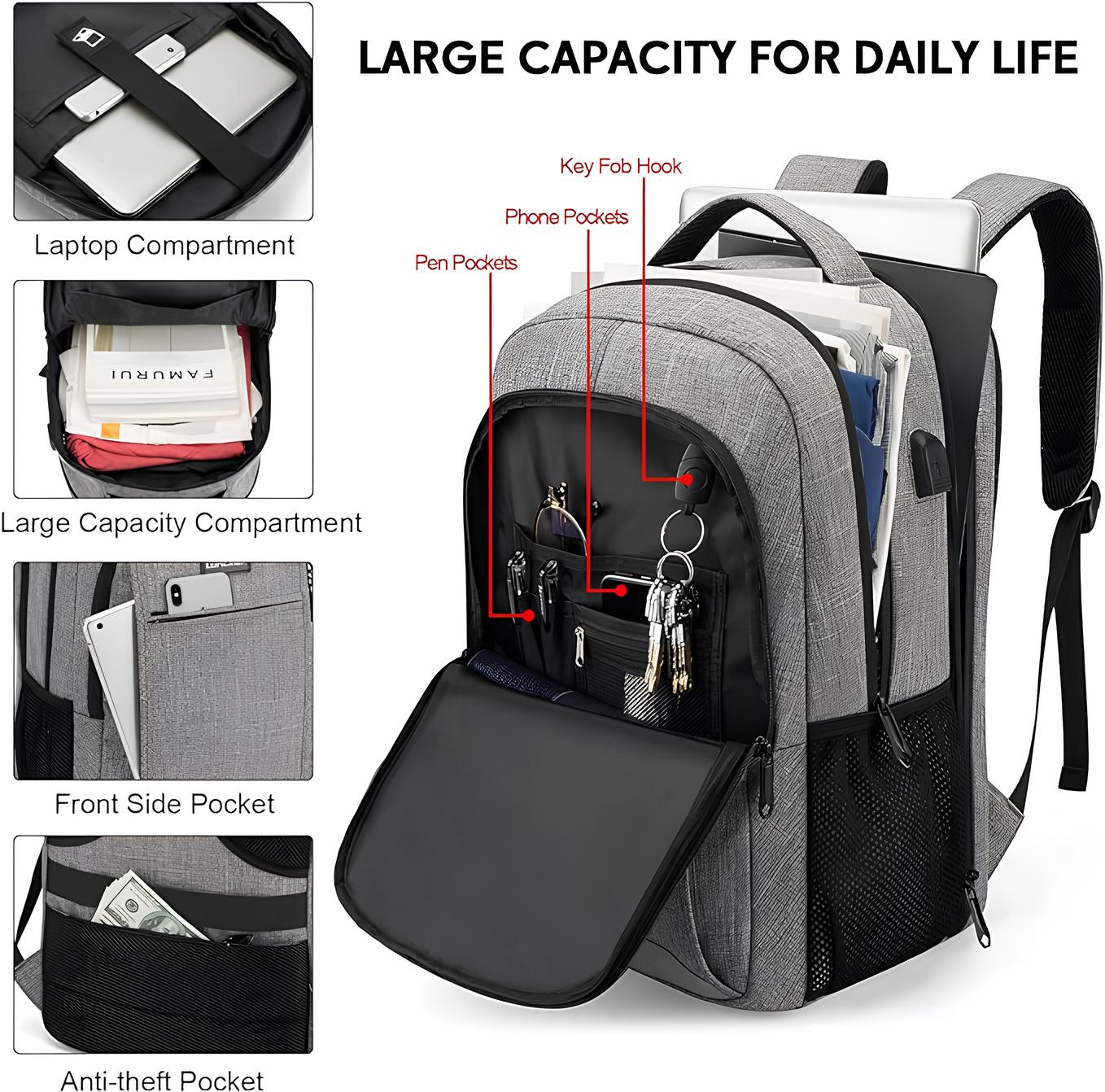 Plecak podróżny na laptopa Lumesner z portem ładowania USB szary
