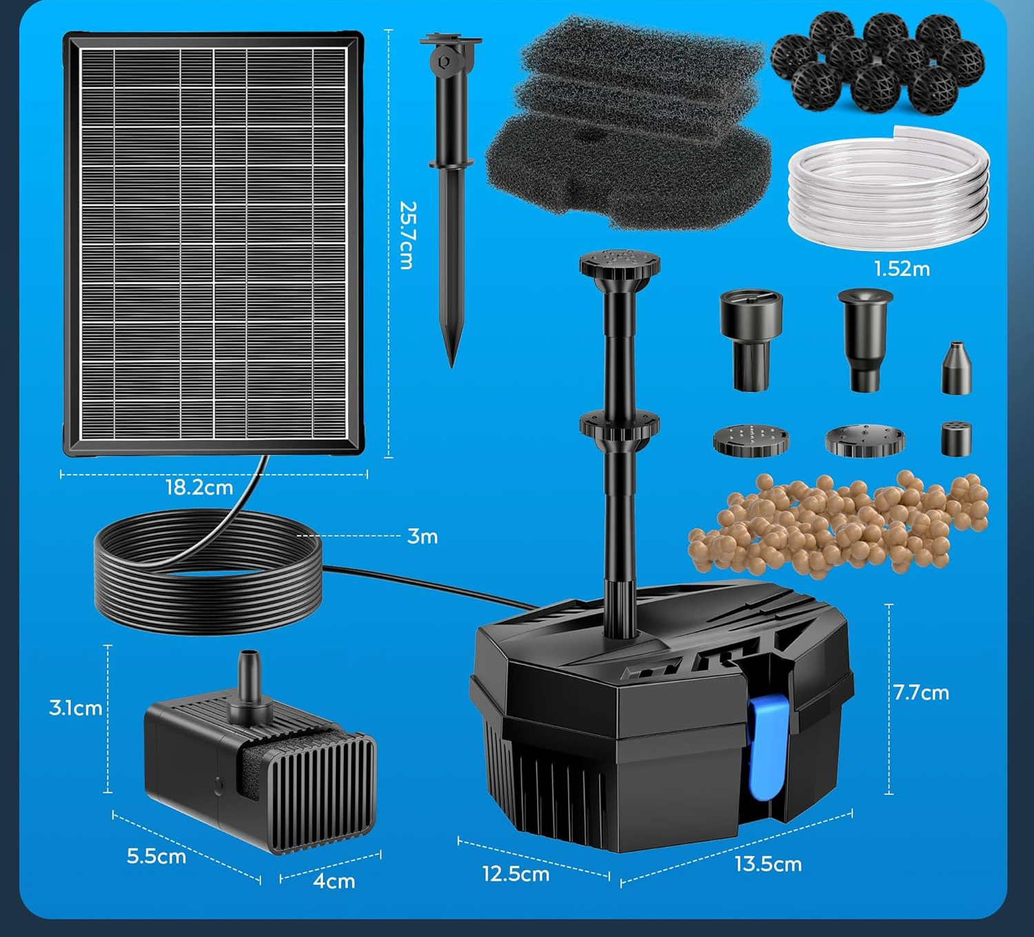 Solarny filtr do stawu z pompą Biling 8W 405L/h z akumulatorem i 10 dyszami