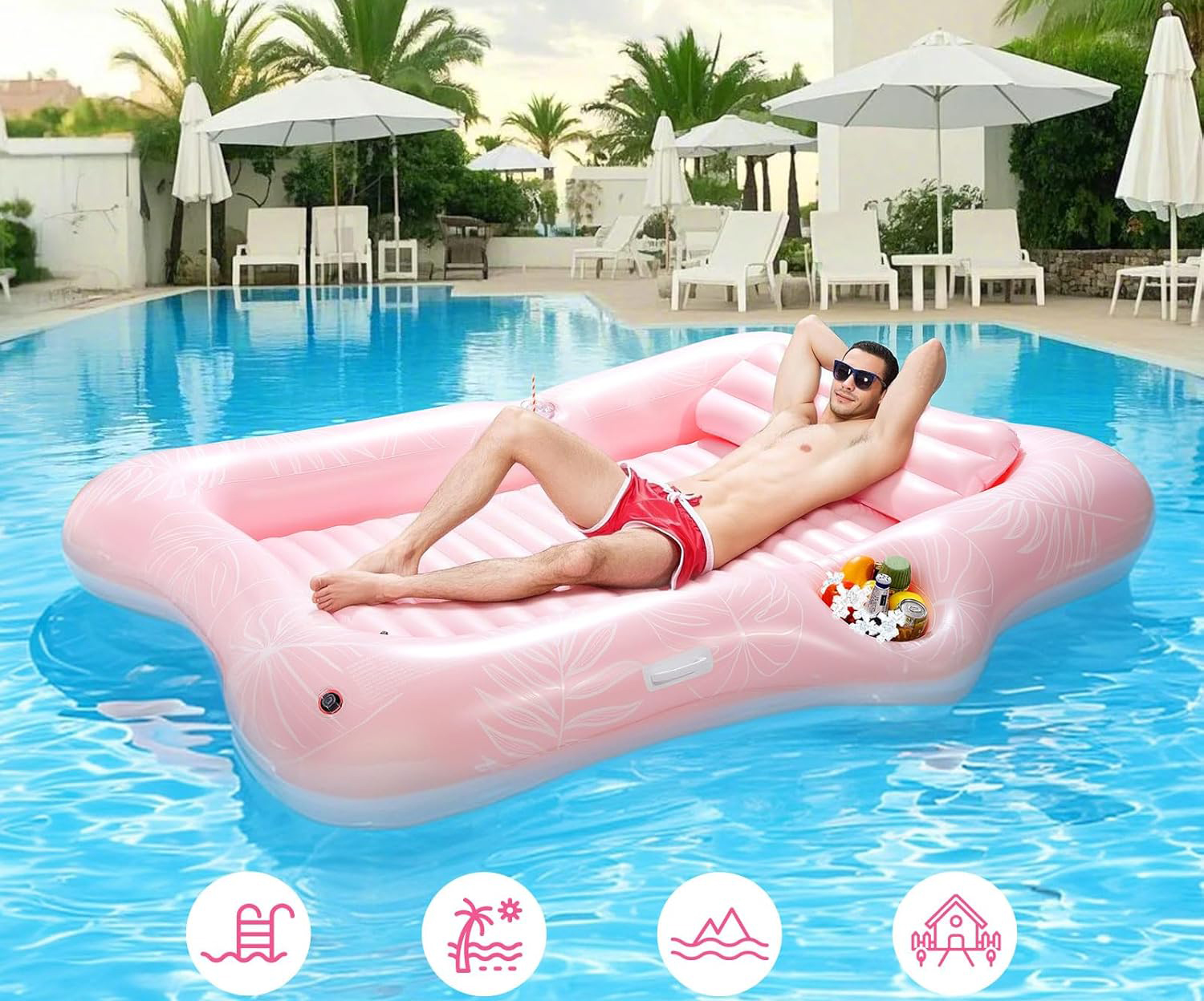 Materac do pływania MoKo dmuchany dla dorosłych z podgłówkiem różowy