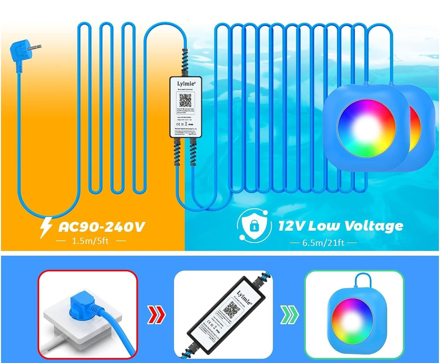 Lampa LED bezprzewodowa do basenu LyLmLe 40 W 12V IP68 z kablem 8 m, 2 szt.