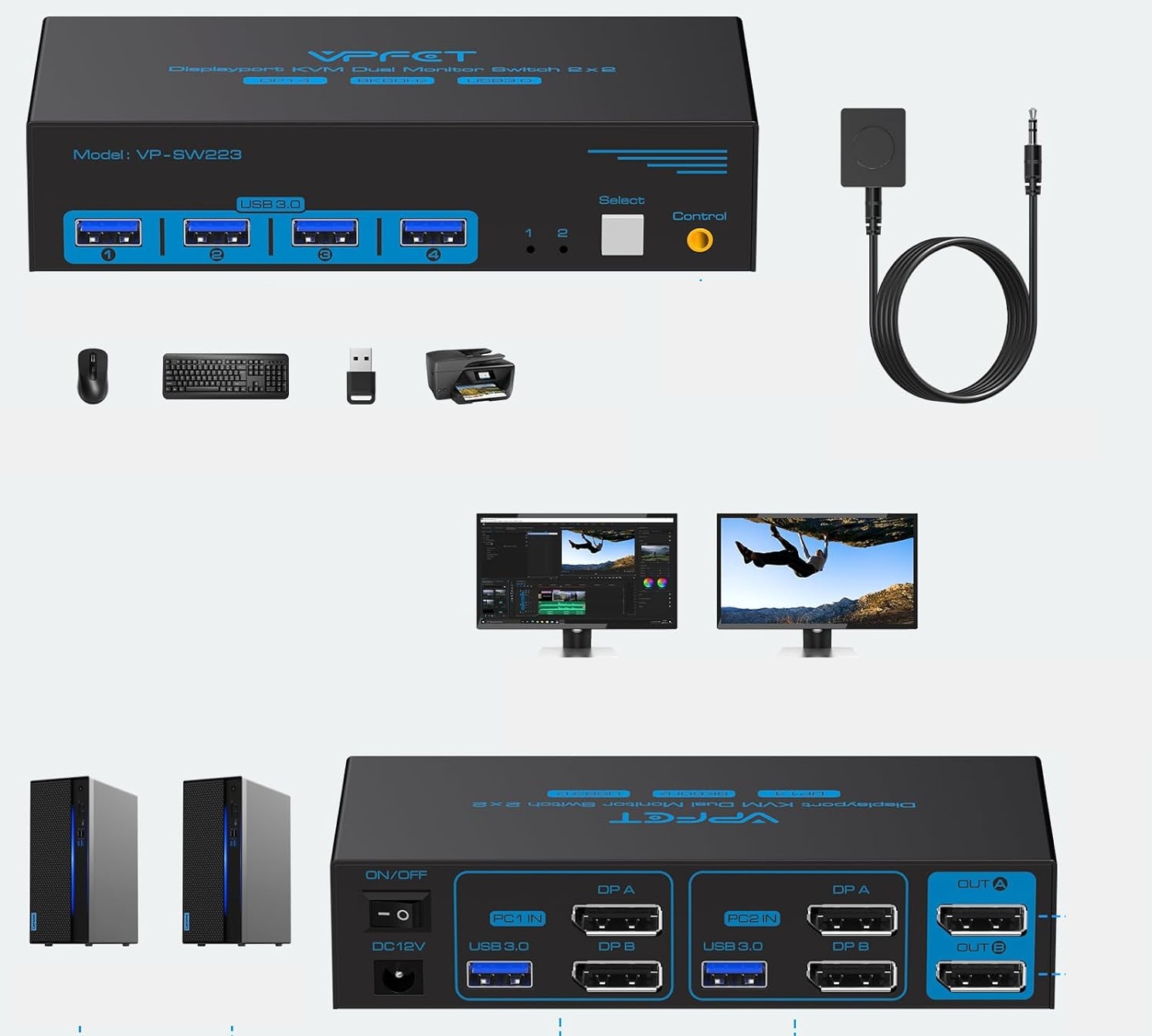 Przełącznik KVM DisplayPort 2xPC na 2 monitory 4K120Hz 8K60Hz USB3.0