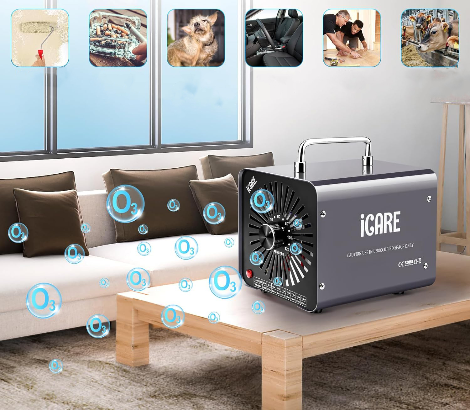 Generator ozonu ICARE 30000 Mg/h, ‎45W, 45 dB, 16,3 x 21,5 x 16 cm, szary