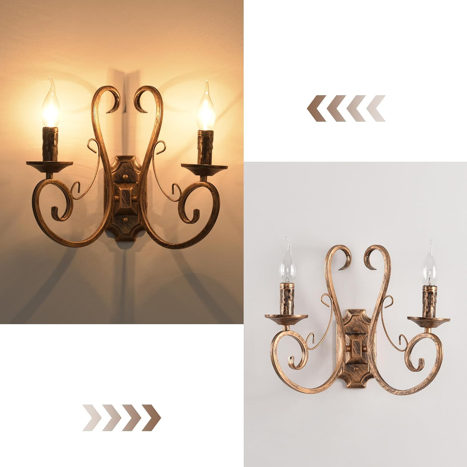 Kinkiety ścienne retro metalowe vintage Ganeed HD092-2 E14 brązowe