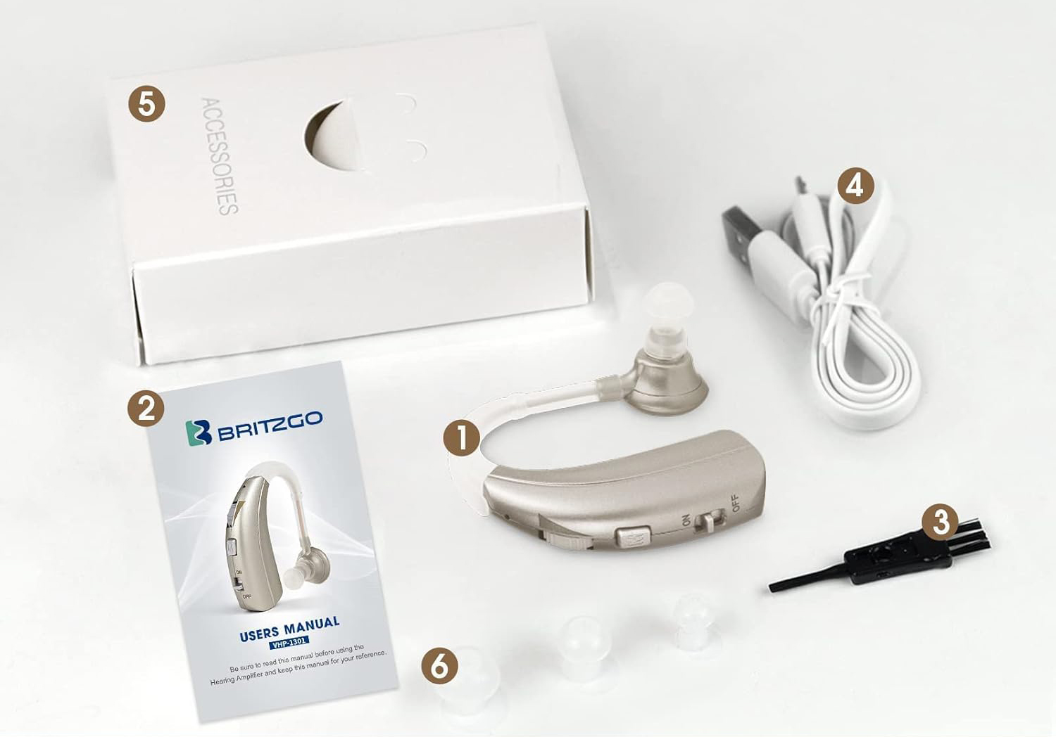 Aparat słuchowy cyfrowy Britzgo VHP-1301S-D wzmacniacz słuchu srebrny
