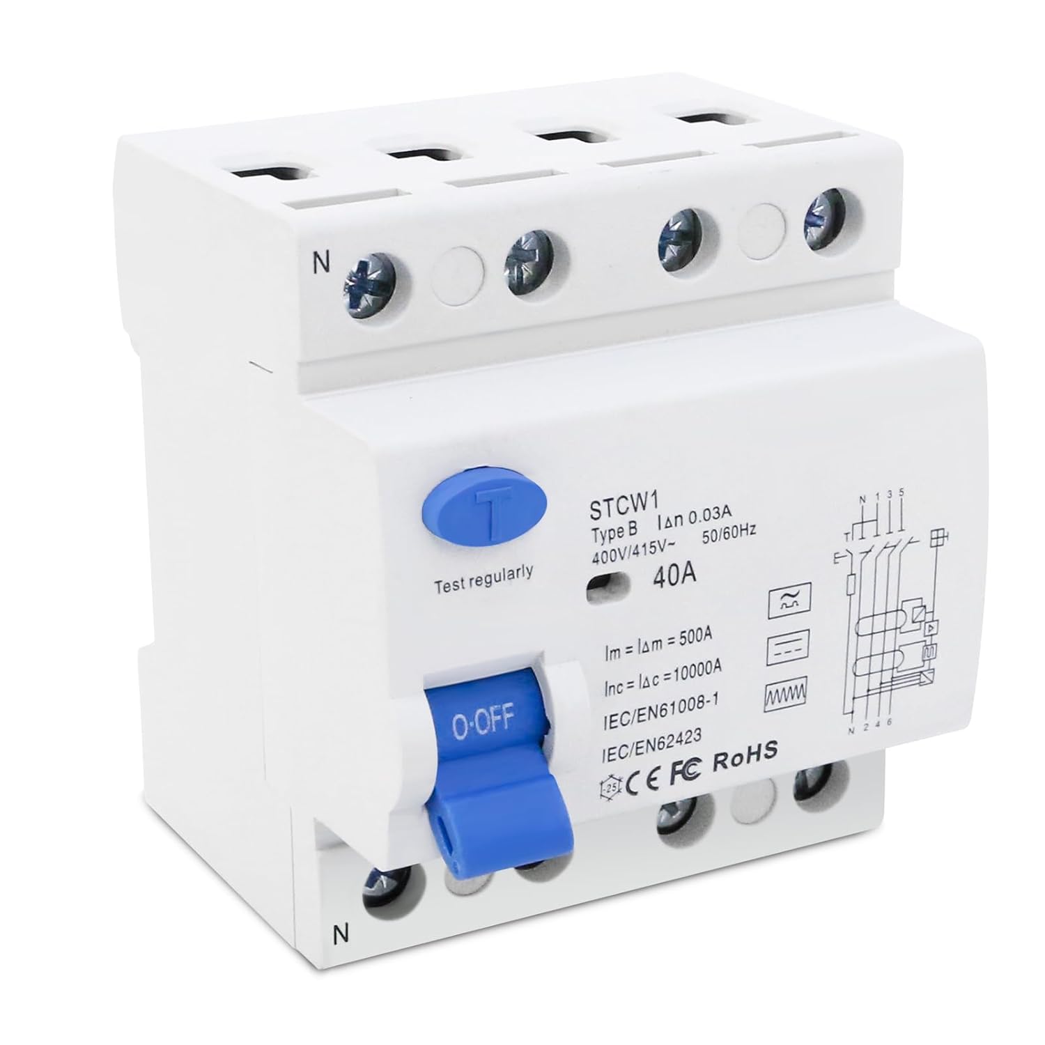 Wyłącznik różnicowoprądowy JAOGAUS STCW1 40A 30mA 4P typ B 400V 10kA