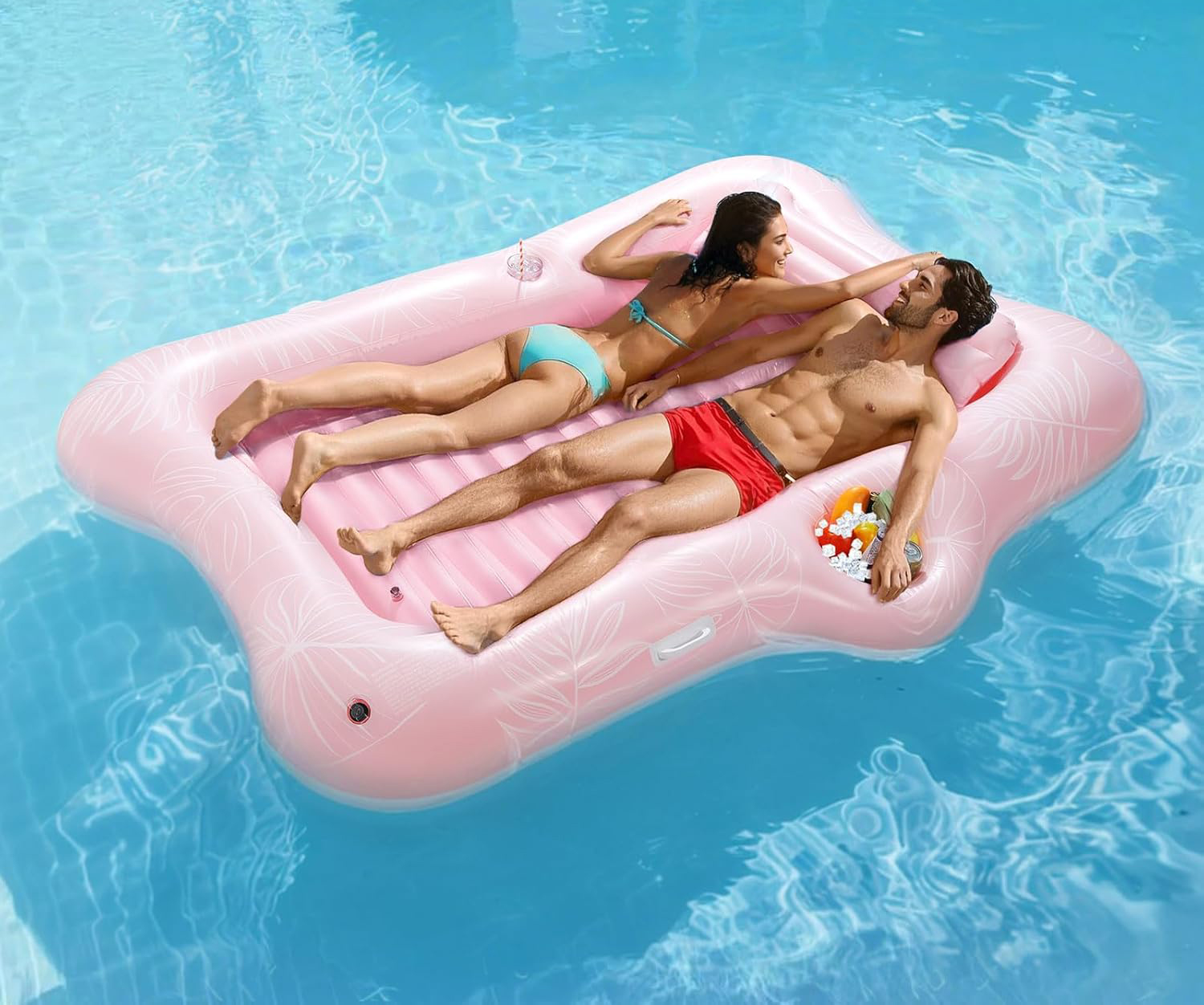 Materac do pływania MoKo dmuchany dla dorosłych z podgłówkiem różowy