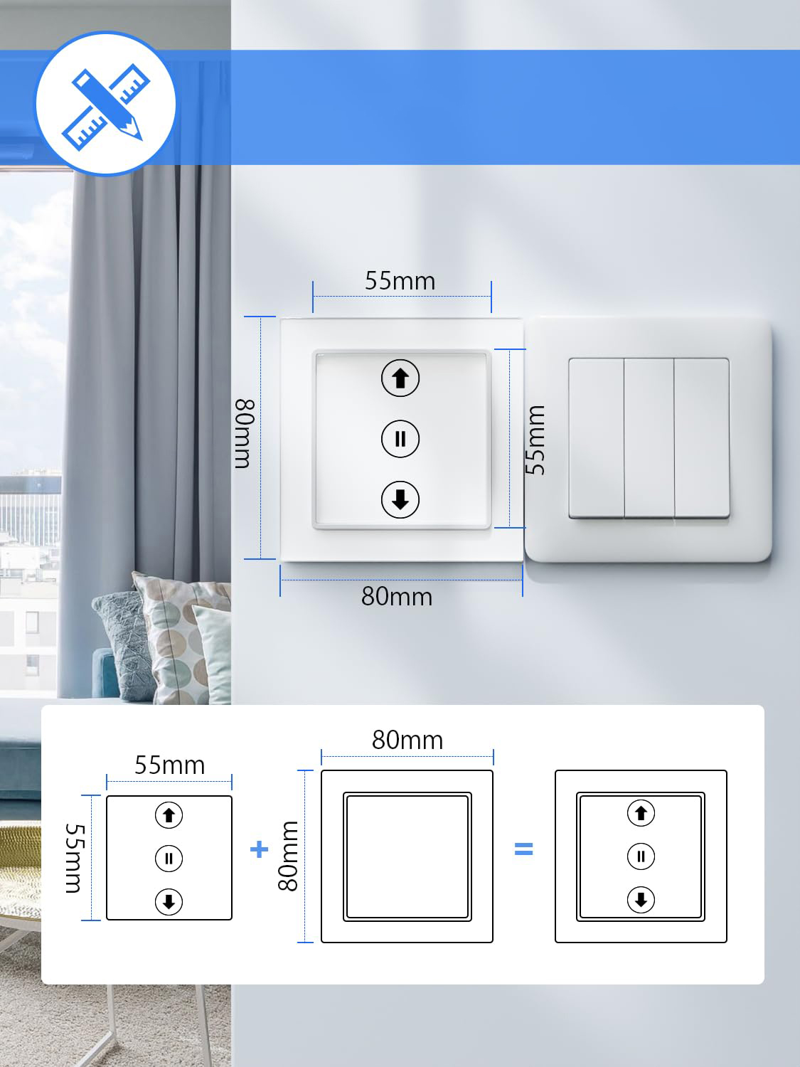Przełącznik rolet Wi-Fi ALLEVOI smart timer LED Alexa Google 80x80mm
