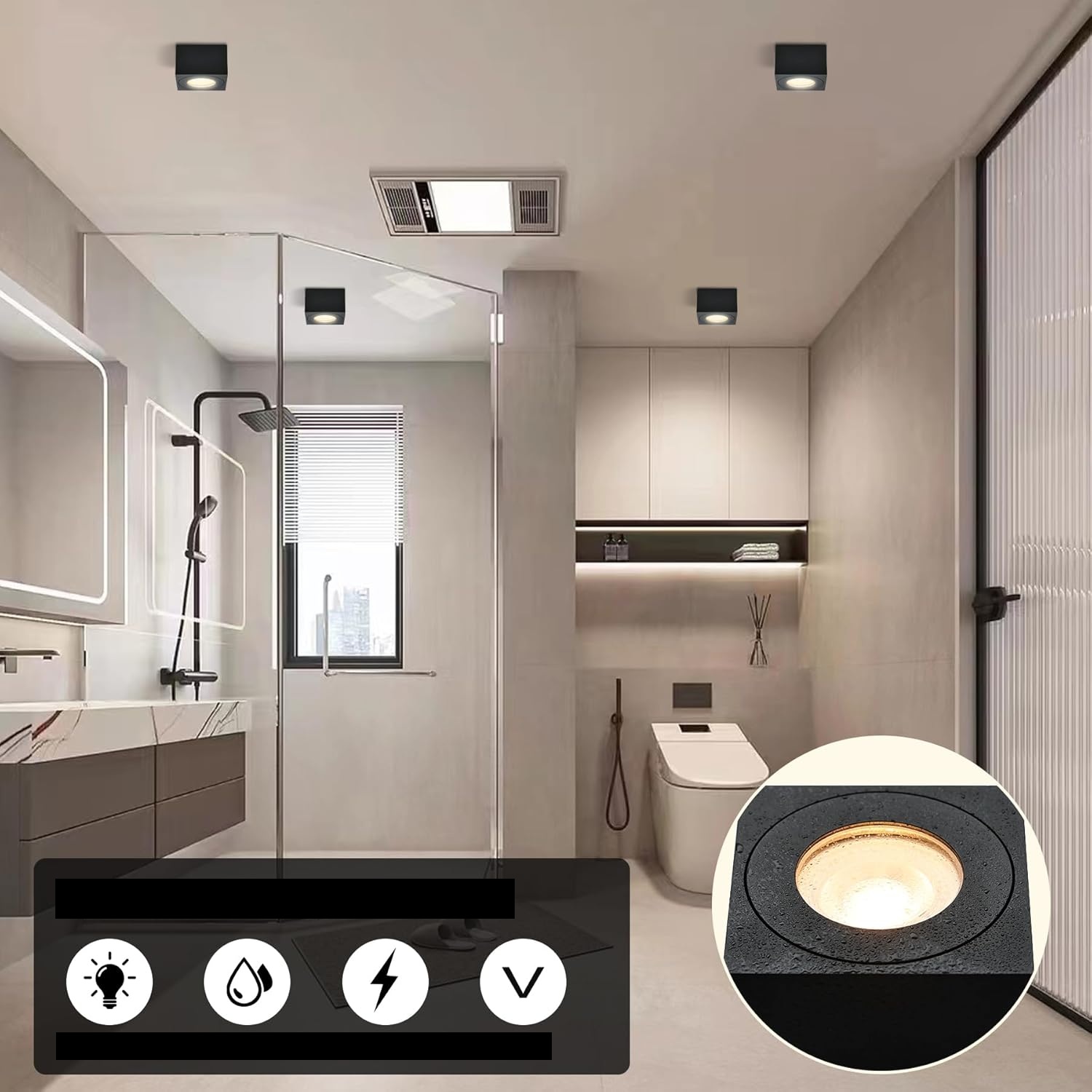 Reflektory sufitowe LED KYOTECH IP44 do łazienki Ø80x80x50 mm czarne 4 szt