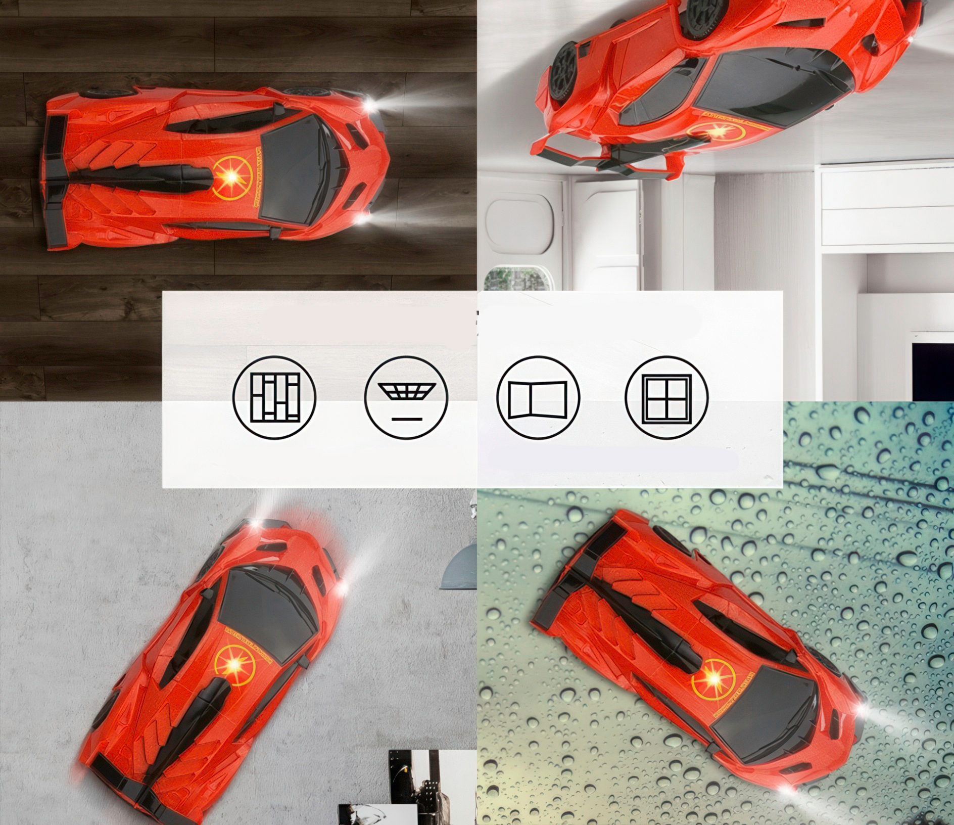 Samochód zdalnie sterowany jeżdżący po suficie i ścianach, z reflektorami