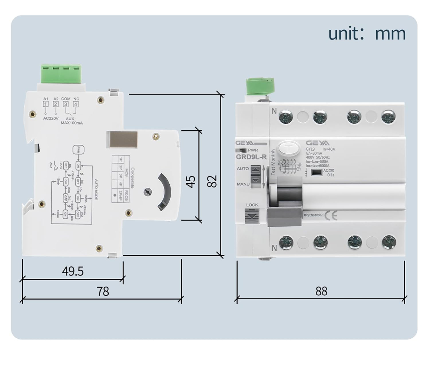 Wyłącznik różnicowoprądowy GEYA 6KA RCCB samoczynny 4P 40A 30mA AC220V
