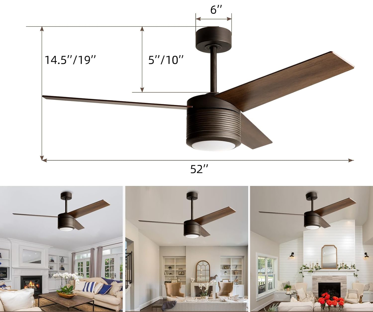 Wentylator sufitowy Reiga cichy 52 cale LED 3 łopaty z pilotem