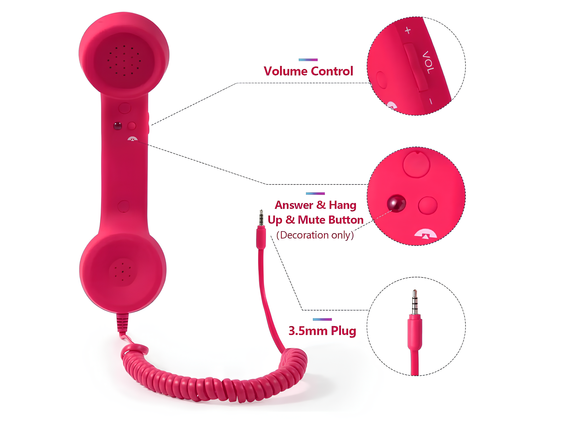 Zestaw słuchawkowy w formie słuchawki RESTEQ do smartfona różowy