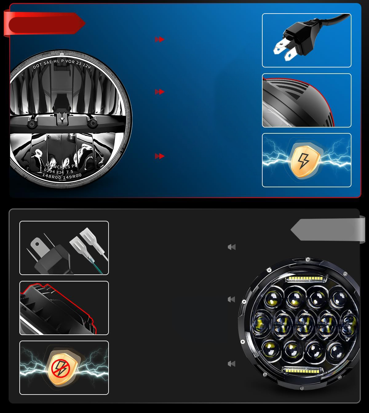 Lampy reflektory LED Braveway 7" 60W 12000lm H4-H13 Wrangler JK TJ LJ CJ H1