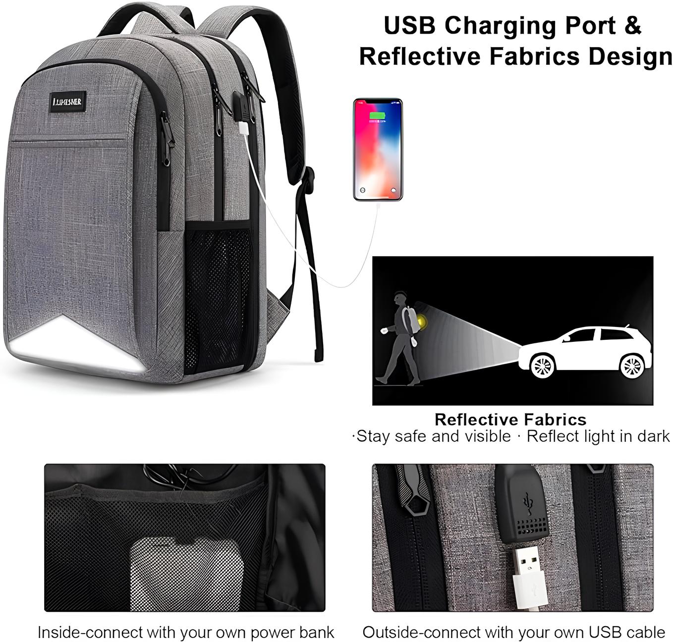 Plecak podróżny na laptopa Lumesner z portem ładowania USB szary
