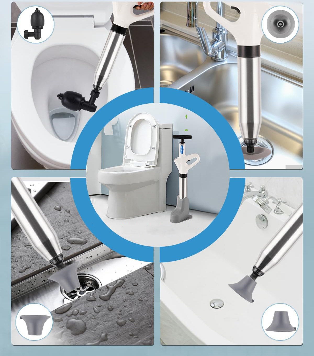 Tłok do toalety zestaw do udrażniania WC z uchwytem i 4 głowicami