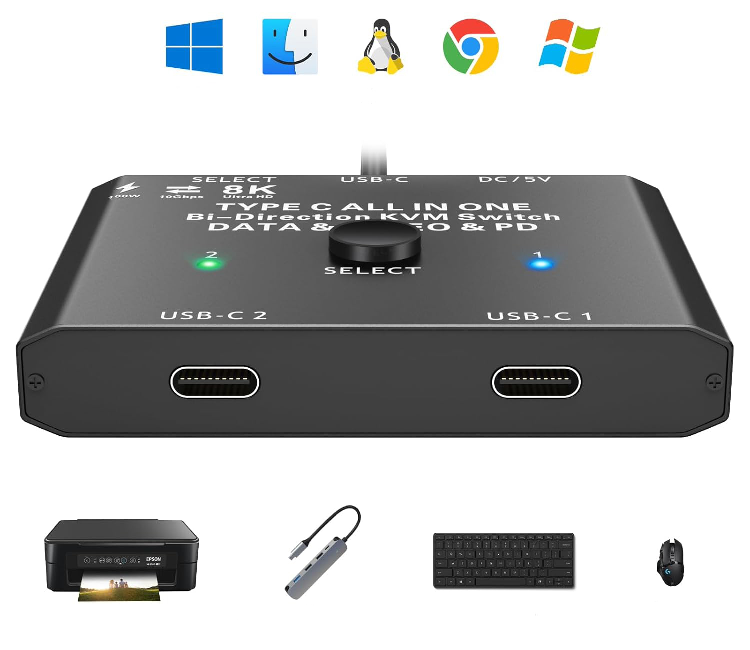 Przełącznik KVM YOUTINGHDAV C201, 100 W, 5 V, 7,5 x 6 x 1 cm