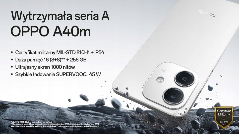 OPPO A40m phone with MIL-STD 810H and IP54 certification details