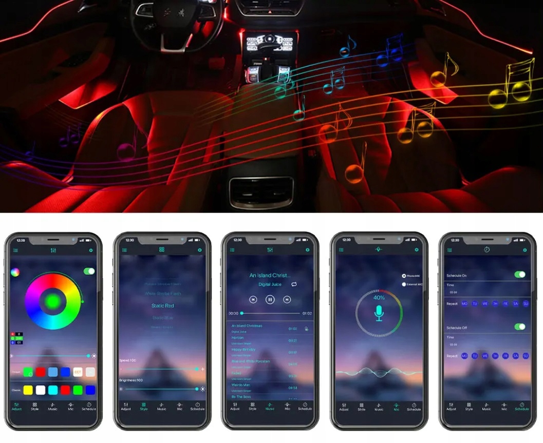 OŚWIETLENIE LED ZESTAW DO AUTA PASEK TAŚMA 6M RGB KOLOROWA DO SAMOCHODU