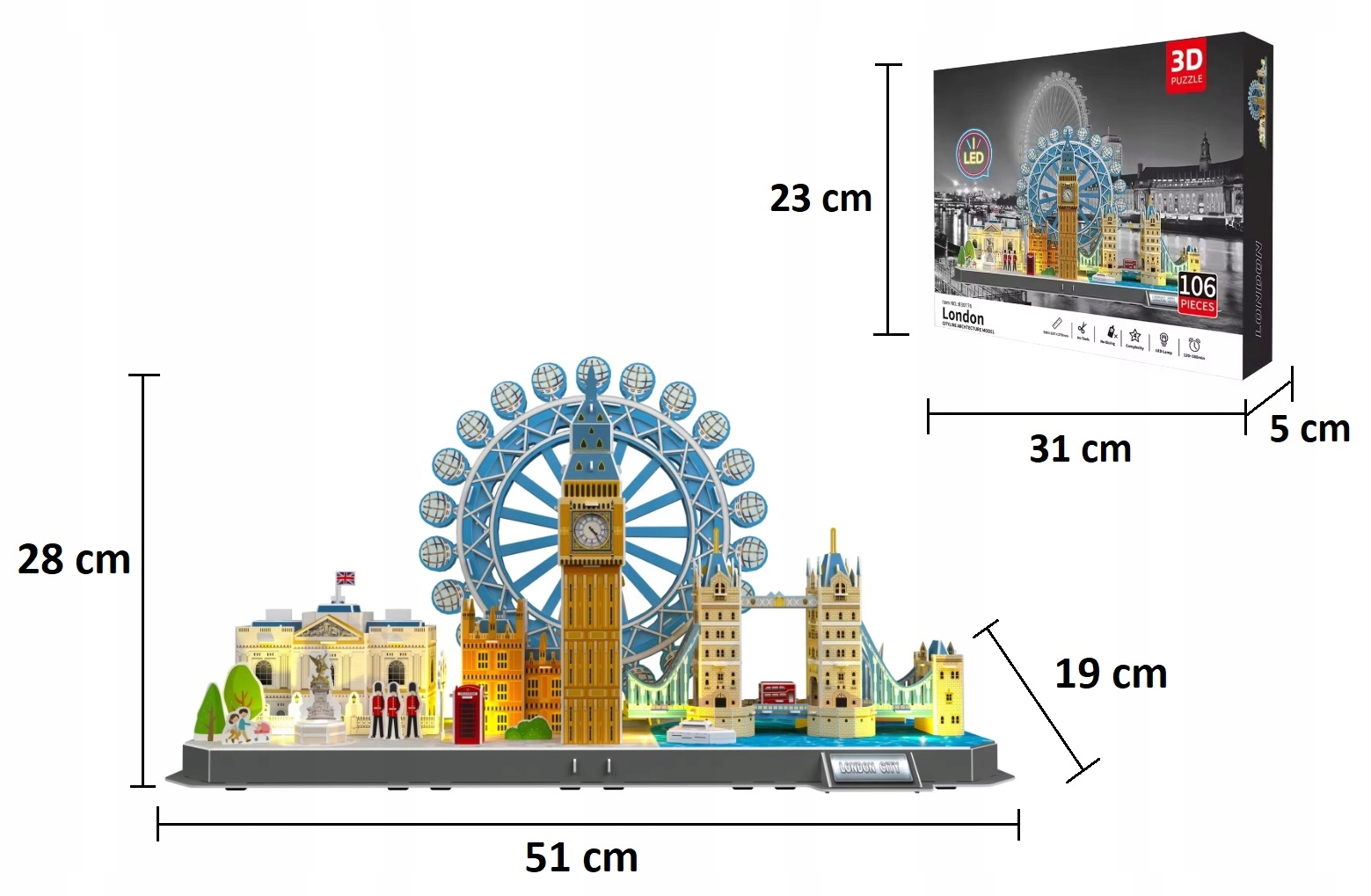 PUZZLE 3D MIASTO LONDYN PANORAMA LONDON BIG BEN ŚWIATŁO LED 106 ELEMENTÓW