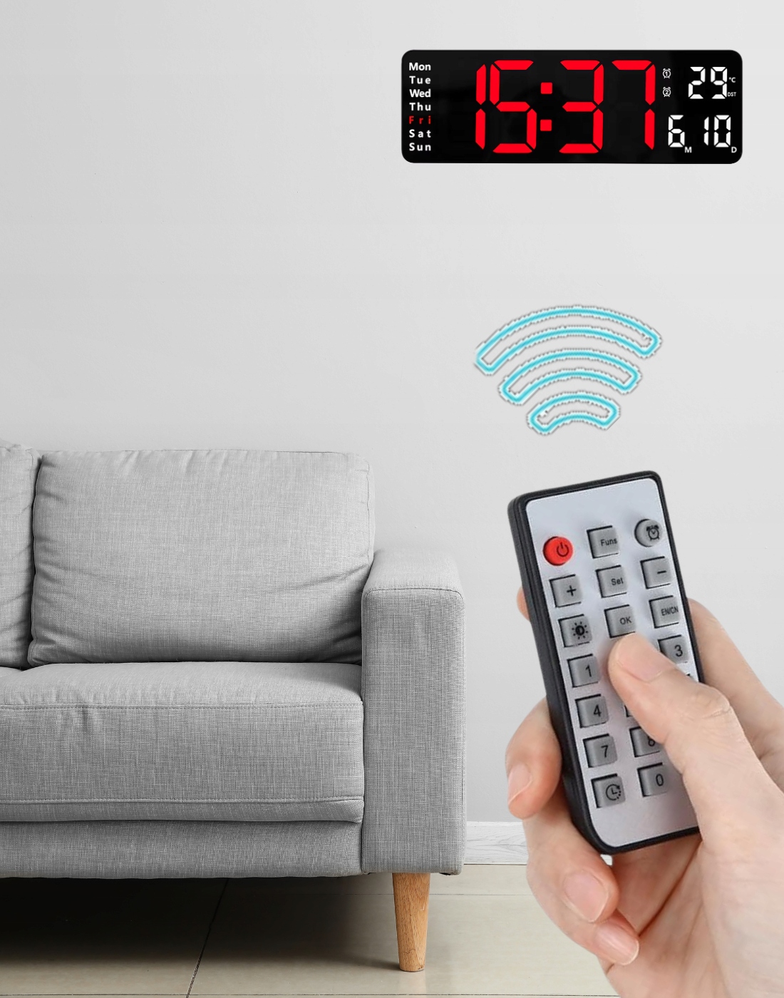 ZEGAR ŚCIENNY Z PILOTEM LED CYFROWY ELEKTRONICZNY BUDZIK STOPER TIMER TEMP