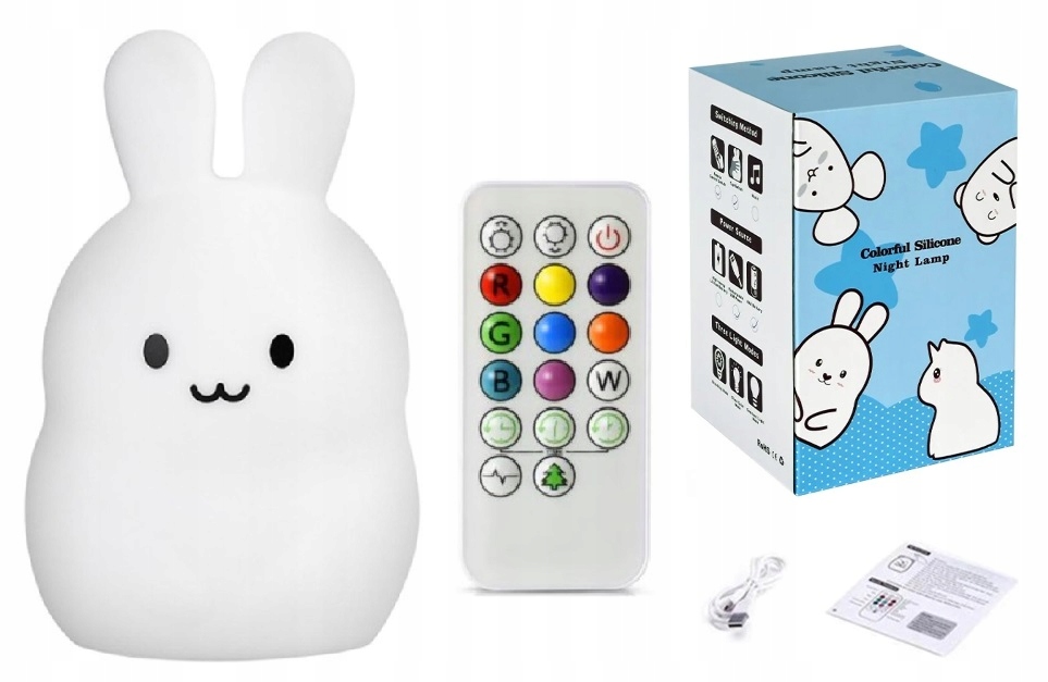 LAMPKA NOCNA XL DLA DZIECI KRÓLIK SILIKON KOLOROWA RGB LED USB + PILOT