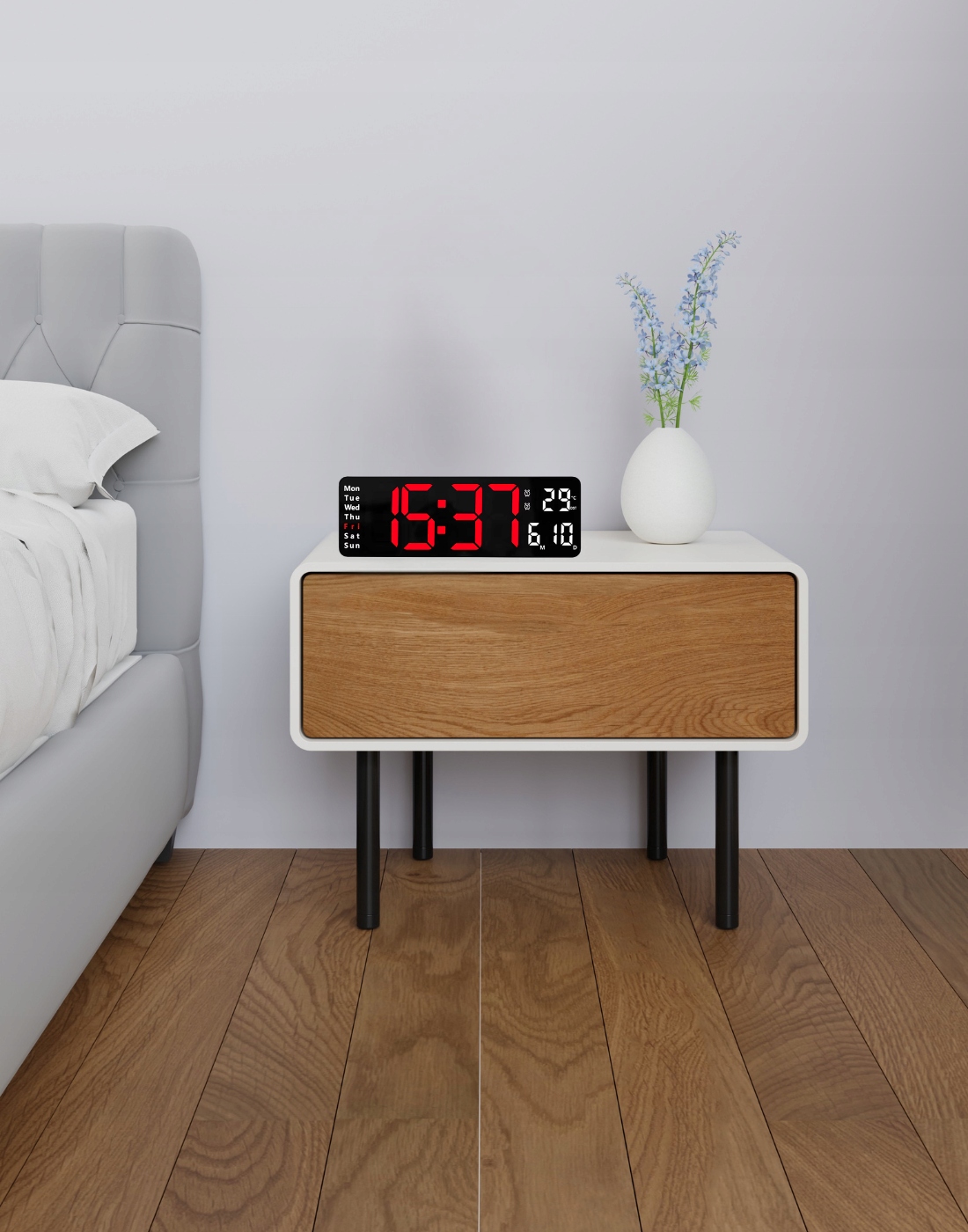 ZEGAR ŚCIENNY Z PILOTEM LED CYFROWY ELEKTRONICZNY BUDZIK STOPER TIMER TEMP